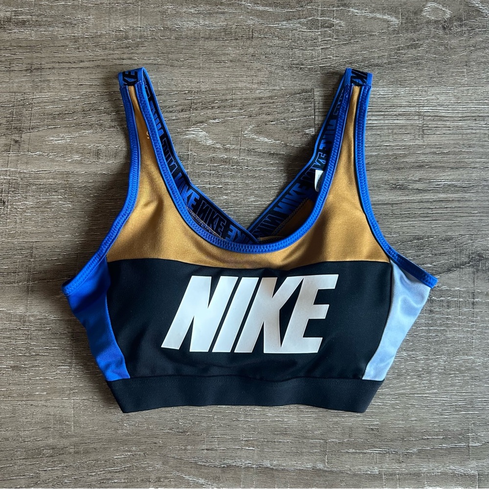 Nike Colorblock Sports Bra Cobalt Blue Brown and Black